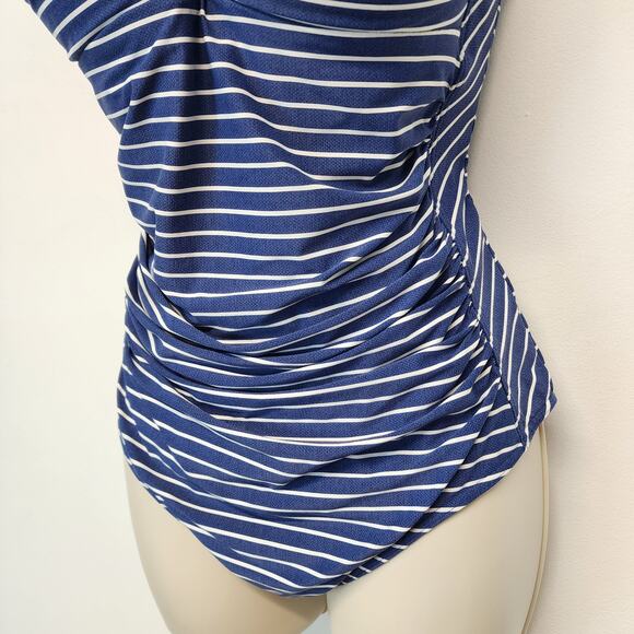Niptuck One Piece Swim Suit Size 12 Blue White Striped Multi Fit Cup Ruched - Picture 4 of 10